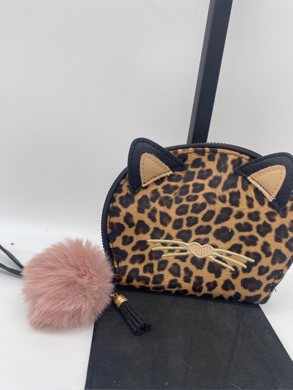 Leopard Cat Coin Card Holder with Pink Pom Pom